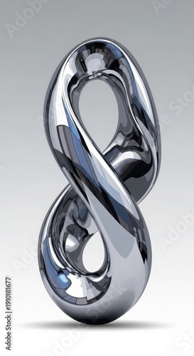 Polished metallic abstract shape resembles an infinity symbol standing vertically