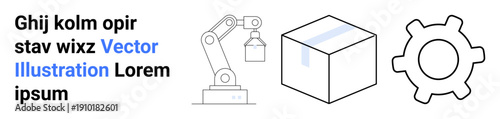 Industrial automation, manufacturing technology, robotics, logistics, production line, engineering processes. Robot arm, a box and a gear symbol in a minimalist style. Industrial automation