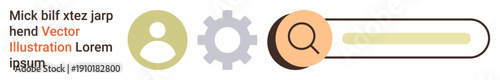 Website design, interface elements, usability concepts, user profiles, search tools, customization settings. Profile icon, gear and search bar next to text. Interface elements and usability concepts