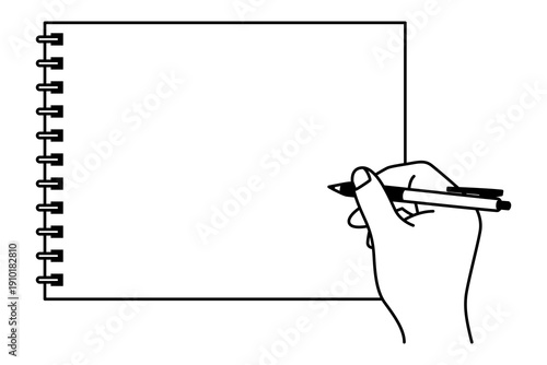 縦向きのノートとペンを持つ手