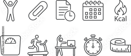 Linear vector icon set for health fitness and weight management featuring treadmill running stopwatch timers calorie counting scales measuring tapes and workout schedule symbols