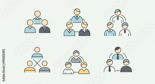 Set of six business organization charts showing team structures.