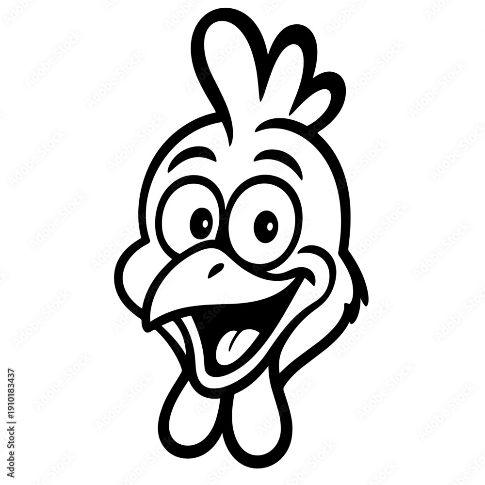 Obraz premium Laughing Cartoon Chicken Head in Side View with Open Beak Black Vector Graphic
