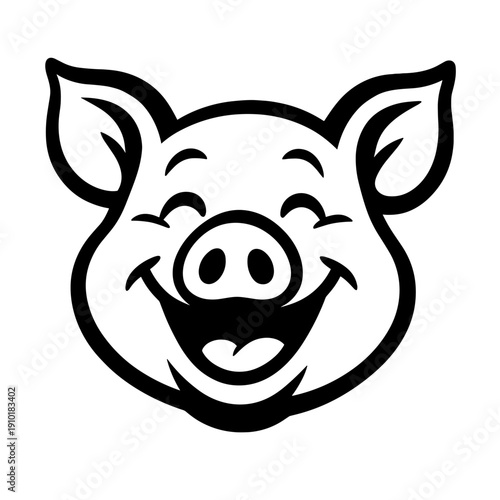Happy Cartoon Pig Head Grinning Wide with Perky Ears Black Vector Design