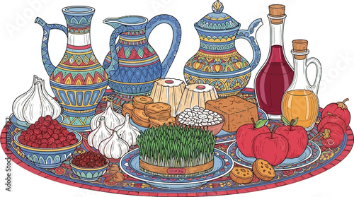 Assortment of traditional Haft-sin table items including vibrant pitchers coins sweets garlic apples and green sprouts for Nowruz celebration