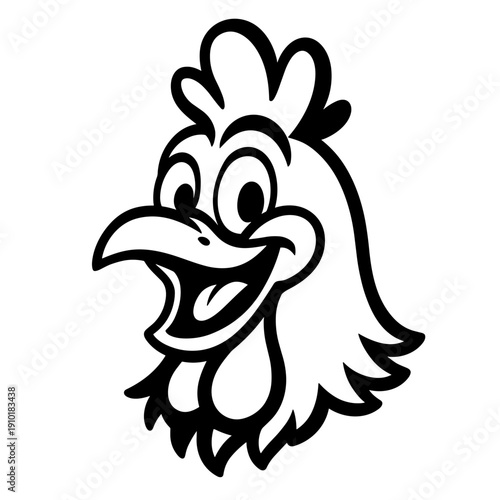 Cartoon Rooster Crowing Front View with Ruffled Neck Feathers Black Vector Icon