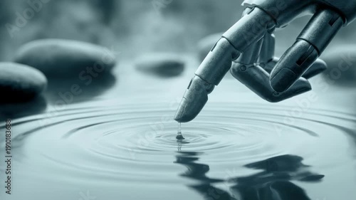 Robotic hand water ripple technology artificial intelligence futuristic metallic touch innovation science emotion connection nature digital calm