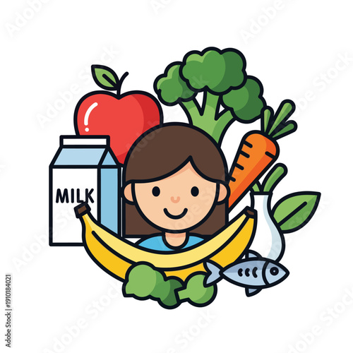 Happy child and healthy food on white background