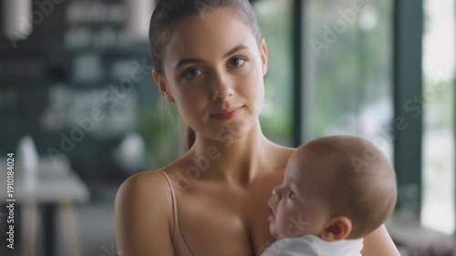 Slow Motion of Confident Mother Breastfeeding in a Public Setting