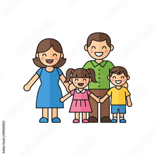 Happy family with parents and two children holding hands