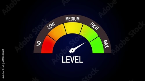 Level Meter Gauge Animation Showing Performance Measurement Scale From Low To Maximum On Dark Background Business Concept
