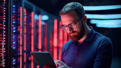 Please use higher grade of AI model for this vdo man with glasses using tablet dimly lit server room, surrounded by glowing red and blue lights from server racks, creating futuristic, focused