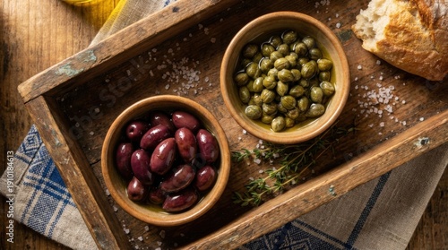 A delectable overhead view of salty Kalamata olives and briny capers, artfully arranged in small bowls on a rustic wooden surface, as captured on 20260211 at 18:33:01.