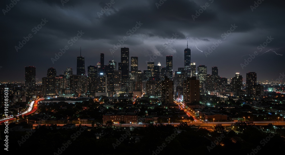 Obraz premium Dramatic cityscape at night with lightning strikes illuminating the skyline