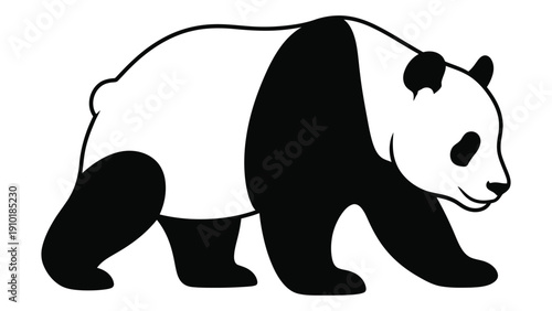 A black and white illustration of a panda walking on all fours isolated on white background, Vector