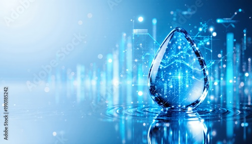 Futuristic Water Drop with Digital Elements and Blue Background