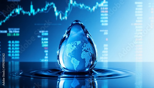 Futuristic Water Drop with Global Map Overlay Against Digital Background