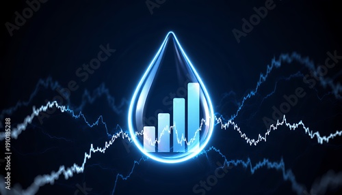 Blue Transparent Water Drop with Growing Bar Graph on Dark Background