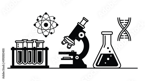 A collection of scientific equipment including a microscope, test tubes, and a beaker. isolated on white background, Vector