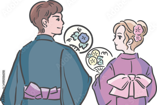 Couple in Yukata Enjoying Japanese Summer Festival. Back View Illustration of Man and Woman