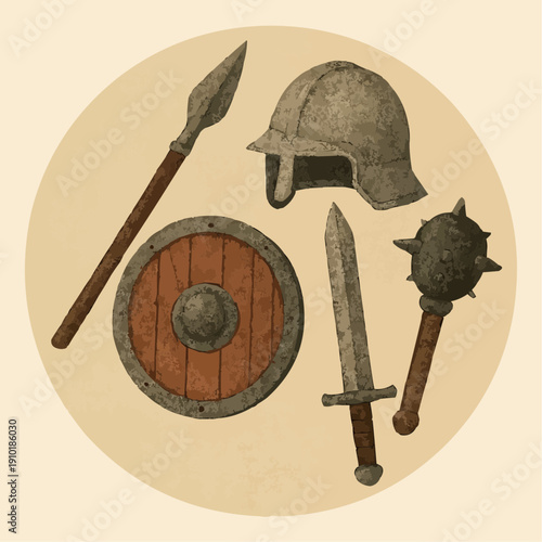 Viking weapons and shield set isolated on beige background flat design vector illustration