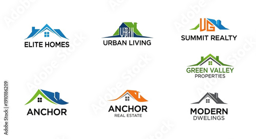 Collection of modern house roof logos for real estate businesses.