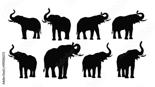 A group of eight elephants standing in a row, facing different directions, depicted in black silhouette. isolated on white background, Vector