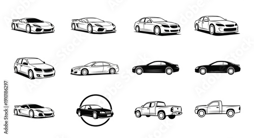 Collection of various car illustrations and silhouettes.