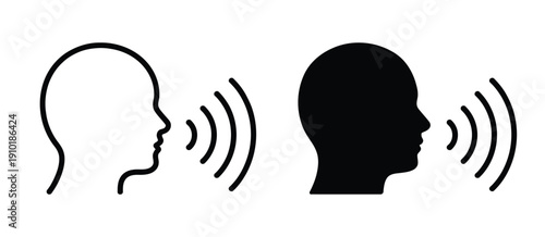 Speak symbol, voice icon linear and solid, human head with sound wave for top ranked digital voice visuals