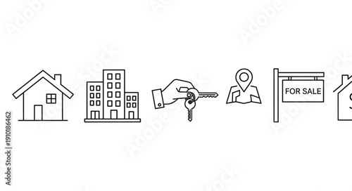 Real Estate Icons Representing Home Ownership and Property.