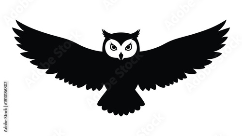 Black and white illustration of an owl with wings spread wide isolated on white background, Vector