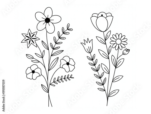 Minimalist Hand Drawn Flower Bouquet Collection, Wildflower Line Art Botany, Floral Decorative Elements Set