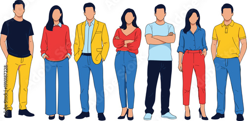 Diverse group of multiracial young people standing together in casual professional clothing outfits flat vector illustration isolated on white background.