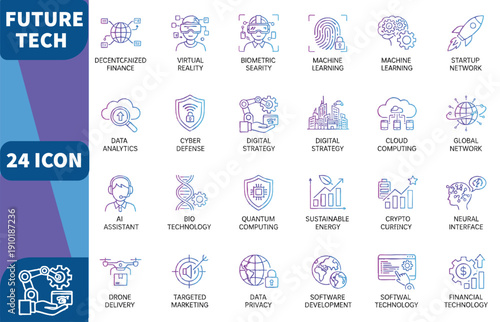 A Collection of 24 Gradient Line Art Icons Representing Diverse Future Technology Concepts Such as Artificial Intelligence Virtual Reality Cybersecurity and Financial Technology