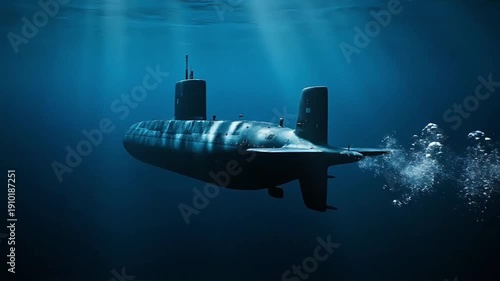 Cinematic Underwater Shot of a Modern Nuclear Submarine Cruising Through Deep Blue Ocean Waters with Sunbeams and Bubbles