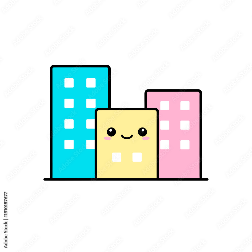 Obraz premium Cute building characters in city skyline on transparent background