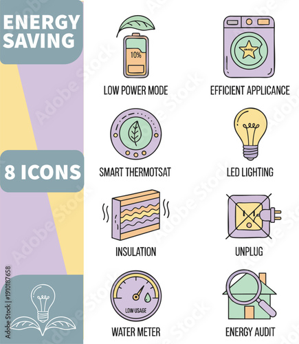 Vibrant Energy Saving Icons for Sustainable Home and Appliance Efficiency Practices