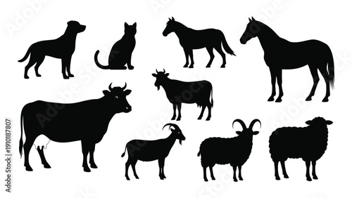 A collection of various farm and wild animals in silhouette form isolated on white background, Vector