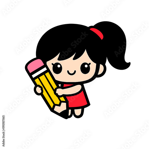 Cute girl with red dress holding a large pencil