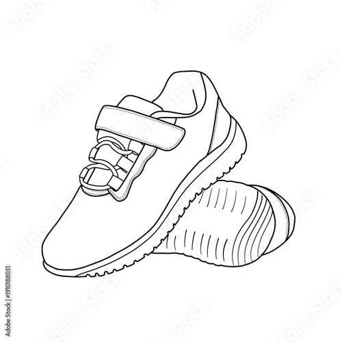Detailed line art illustration of a pair of children's sneakers, featuring a velcro strap and textured soles, perfect for coloring books or educational materials. Isolated on a white background