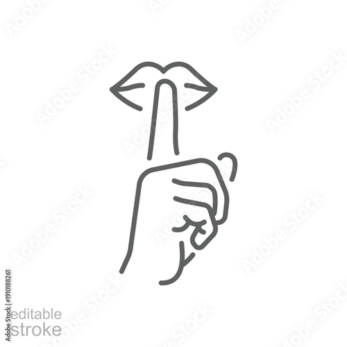 Please do quite pssst icon. Woman lips with finger showing silence sign. Do not disturb can be used for library infographic symbol. Outline illustration. Design on white background EPS 10. Editable