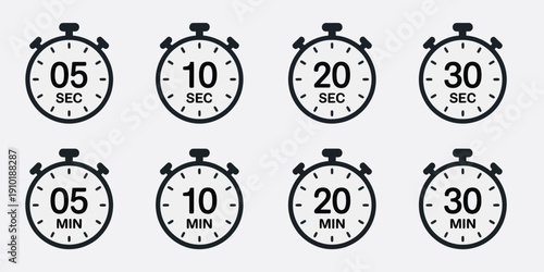 Timer stopwatch icons, countdown clock symbol with 5, 10, 20, 30 second and minute time, transparent PNG and vector illustration for ranked fitness apps, cooking timers, productivity dashboards,