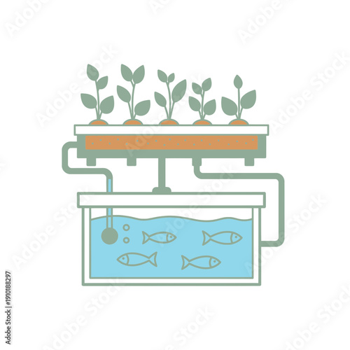 Aquaponics Tank System Diagram with Fish and Plants for Farming