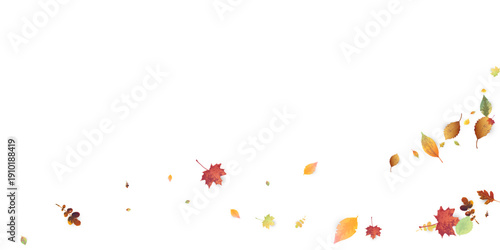 Leaves Falling. Autumn Flying Foliage. Chaotic Green, Yellow, Red Leaf Flying On White Background. Forest Design, Nature Elements. Ecology Vector Illustration. Environment Backdrop.
