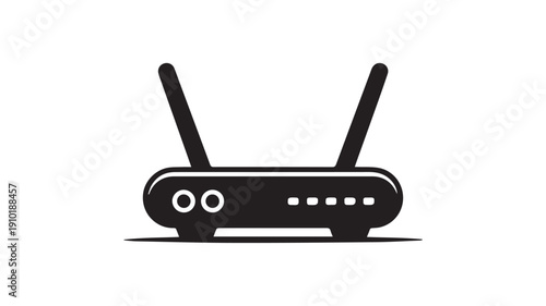 Wireless router in modern minimalist design with sleek black finish and dual antennas in simple flat illustration for technology icon