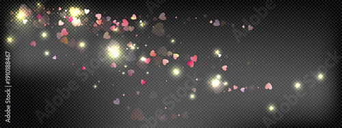 Heart love vector background. Valentine frame. Pink heart confetti. Scattered love symbols. Random falling heart shape on transparent black background. Beautiful Invitation Greeting Card Illustration.