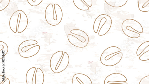 Coffee Seamless Pattern. Sketch for Food Shop, Menu, Bakery Cafe. Coffee Beans with Grunge Effect Brown and Beige Colors. Vector Art Border Background.