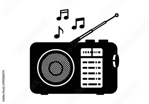 A stylized, monochromatic vector illustration depicts a retro transistor radio with a prominent speaker mesh and extended antenna, energetically broadcasting a melody of floating musical notes