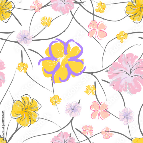 Pink Flowers Blooming Pattern. Pastel Watercolor Floral Print. Little Pink, Yellow, Lilac flower on grey leaf. Elegant brush Background. Seamless Botanical Vector Surface. Texture For Fashion Prints.