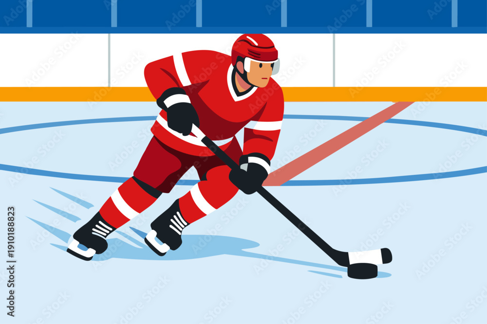 Obraz premium Ice Hockey Player Passing the Puck Flat vector illustration of an ice hockey player passing the puck to a teammate. Dynamic skating pose, rink background visible. Flat vector style, teamwork